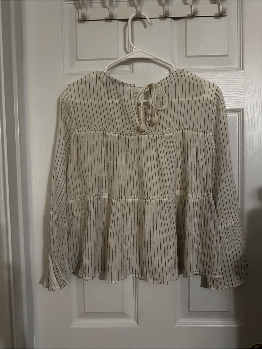 Madewell Cream Blouse with Thin Black Stripes and Ruffle Tiers - Picture 4 of 5